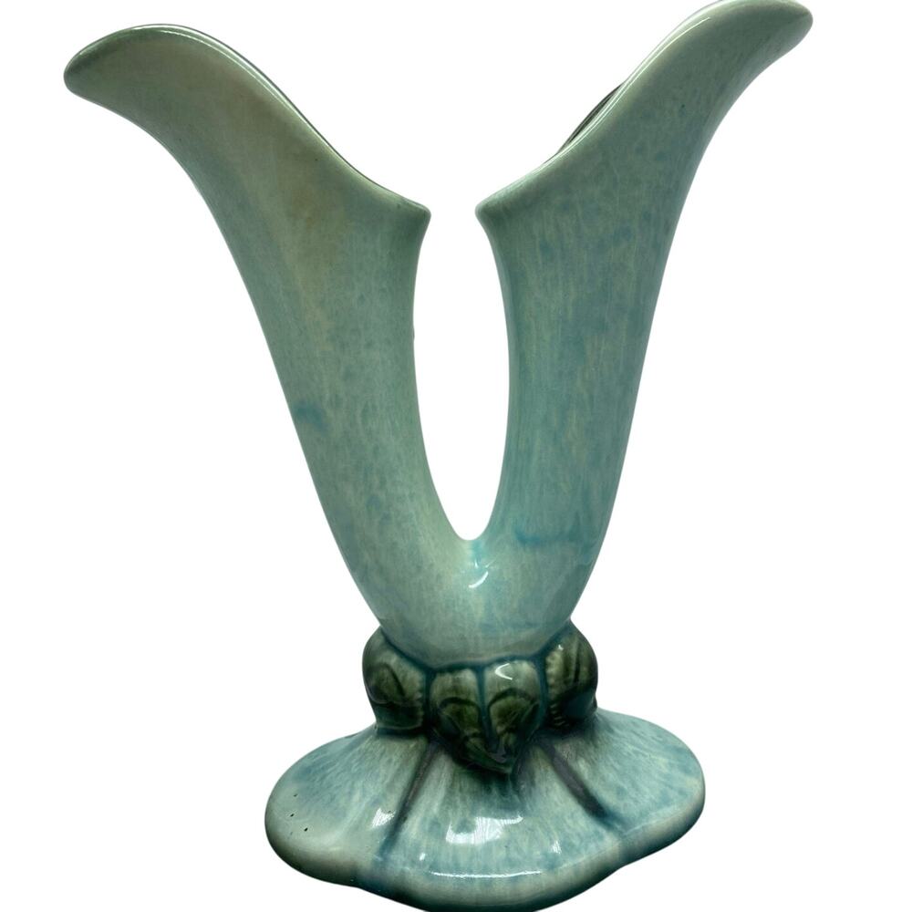 Vintage Hull Green Woodland Double Horn Bud Vase‎ green and Blue 40s 103